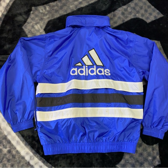 VTG Adidas Windbreaker Jacket Kids Boys Large Trefoil Blue 90s School Pockets - Picture 1 of 12
